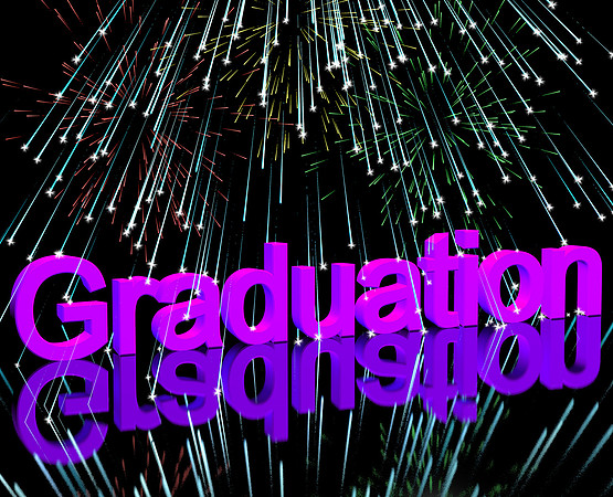 Graduation Word With Fireworks Showing School Or University Grad